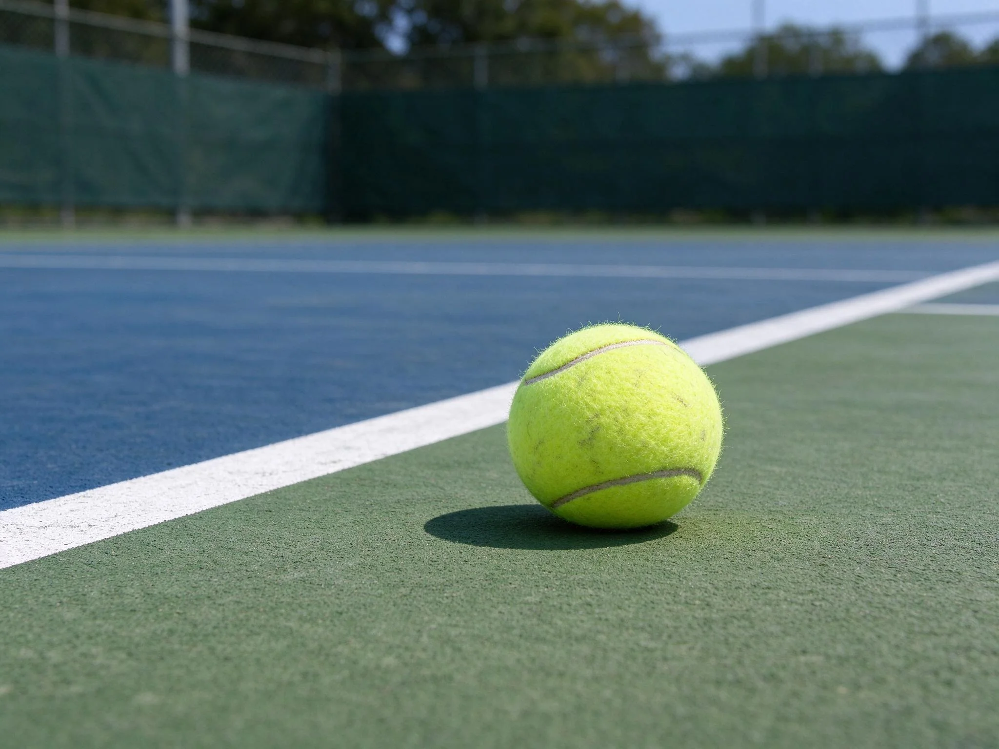 A ground level shot of a tennis ball on a tennis court.
