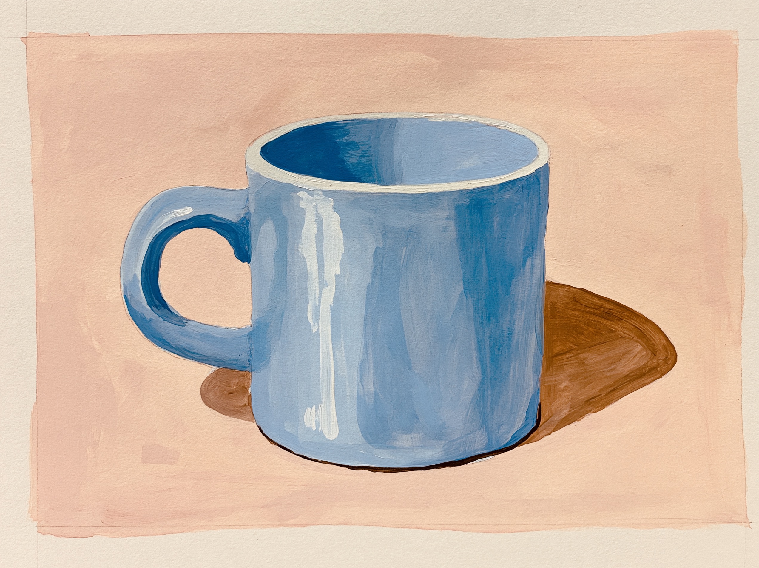 A guache painting of a ceramic cup, its opaque matte color drying flat.