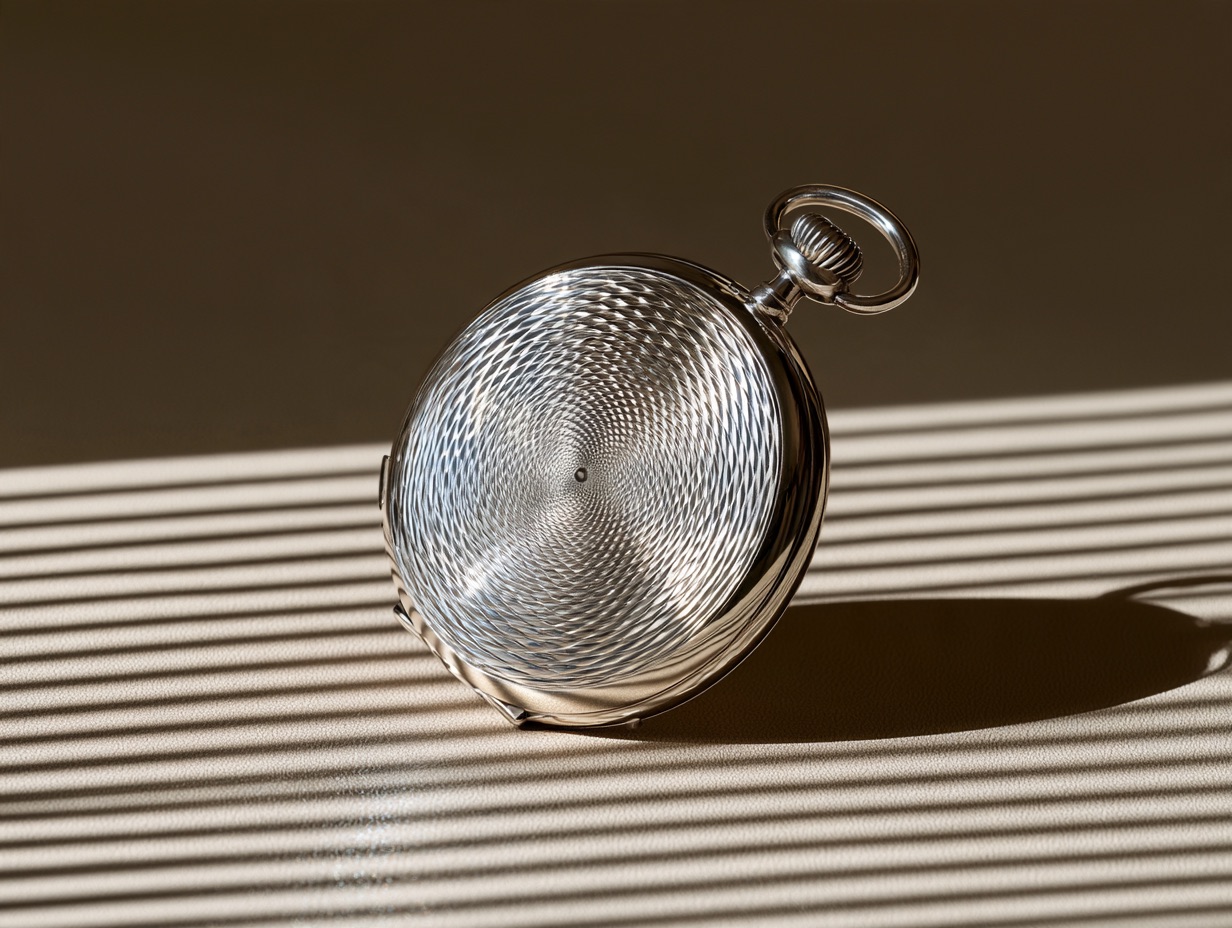 A pocket watch dial engraved with intricate guilloche geometric patterns shimmering in focused light.