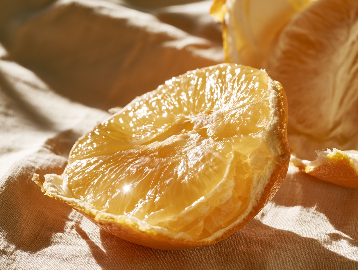 A half-peeled citrus sits on a linen tablecloth, bathed in warm morning sunlight that highlights its glistening pulp.