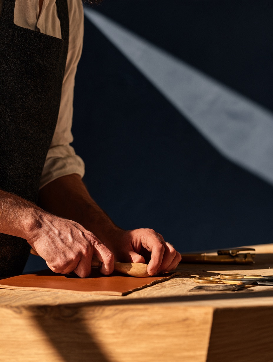 Hands smoothing a rich brown leather folio with a wooden burnisher on a timber table beside brass tools.