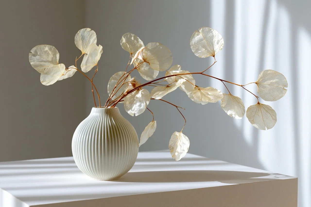 A minimalist still life featuring a white ceramic ribbed vase with dried lunaria pods on a plaster plinth, bathed in soft high-key lighting with almost no shadows.