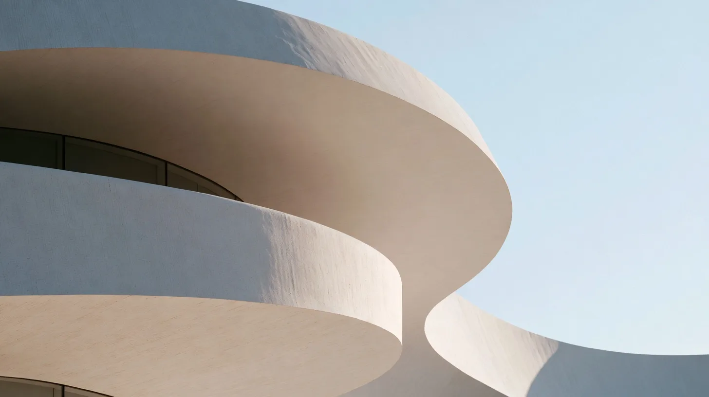 A futuristic white building facade in a high-key white palette, bathed in bright even light with pure white and pale cream tones dominating and no shadows.