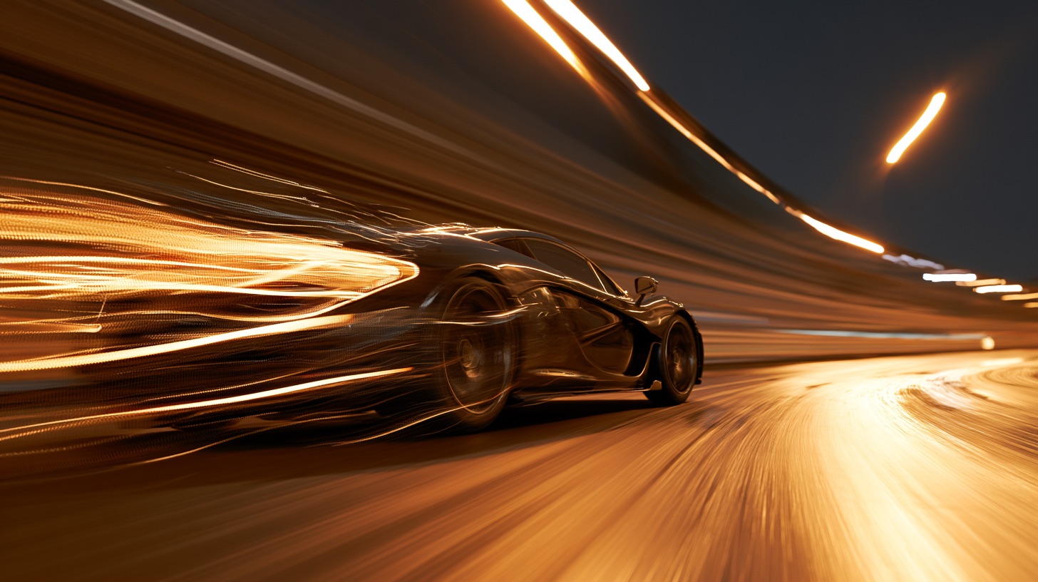 A sleek sports car races down a night road framed in high-velocity motion blur as streetlights stretch into golden streaks.
