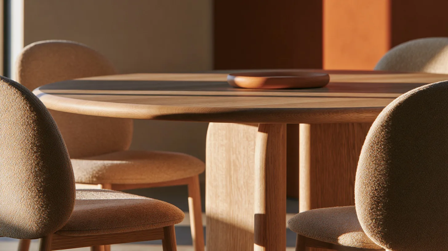 A huddle room with a round wooden table and upholstered chairs, soft window light, warm earthy colors, and a calm, focused atmosphere.