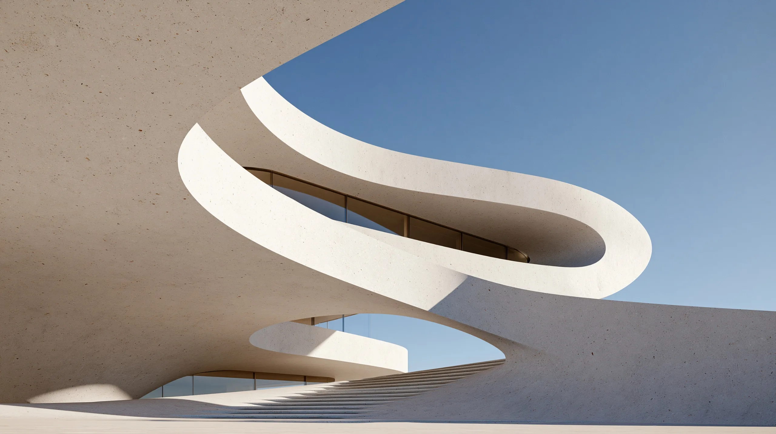 A hyperrealistic architectural impossible structure of pristine white concrete with impossible cantilevers and gravity-defying curves, set against a clear blue sky.