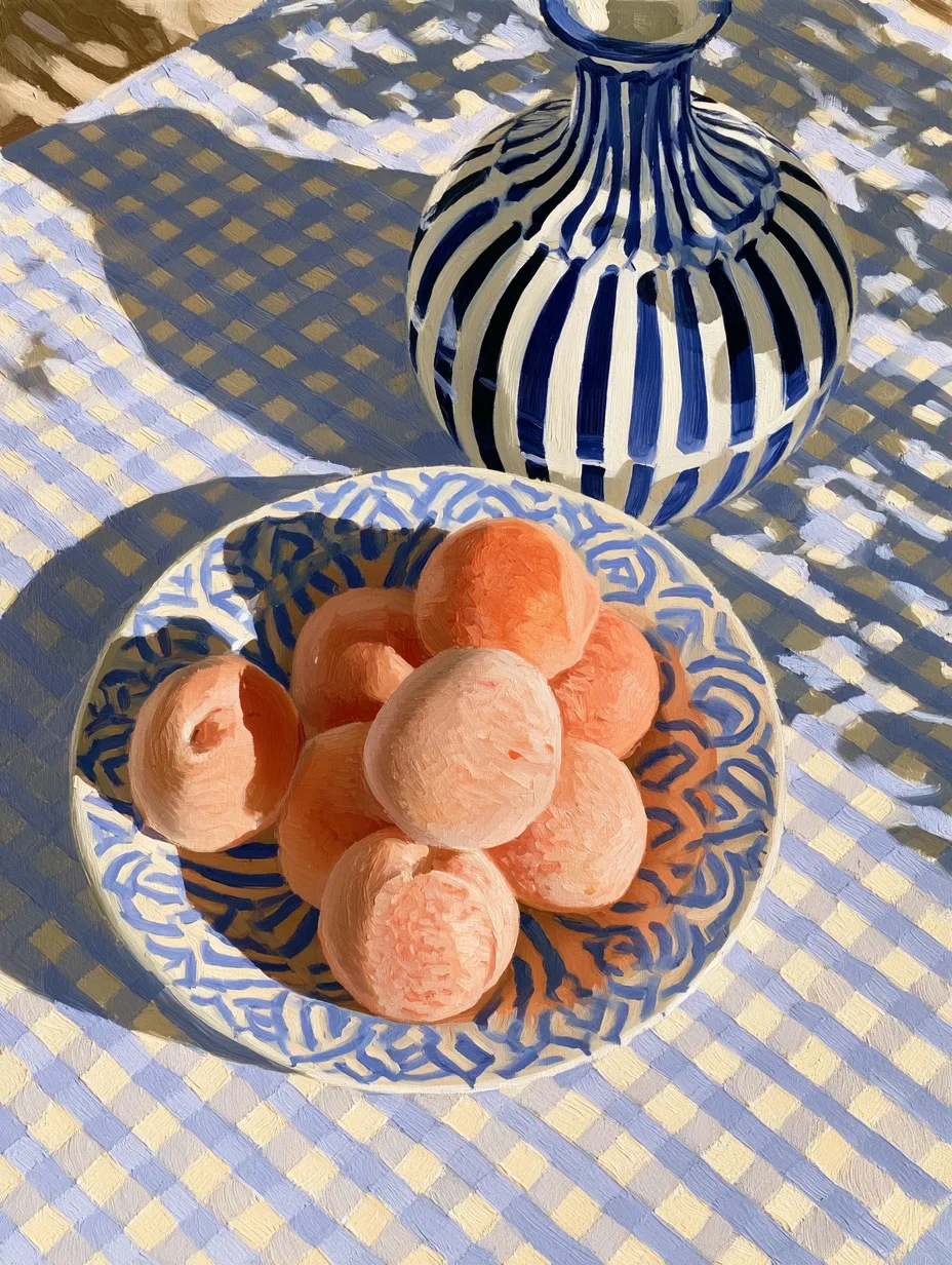 Still life of peaches and a blue vase in an Impressionist palette with soft lavender, yellow, and sky blue, dappled light, and loose brushstrokes.