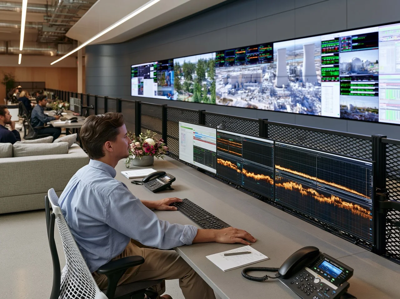 An industrial control room featuring a curved panoramic display wall showing complex energy grids in a softly lit, modern command center.