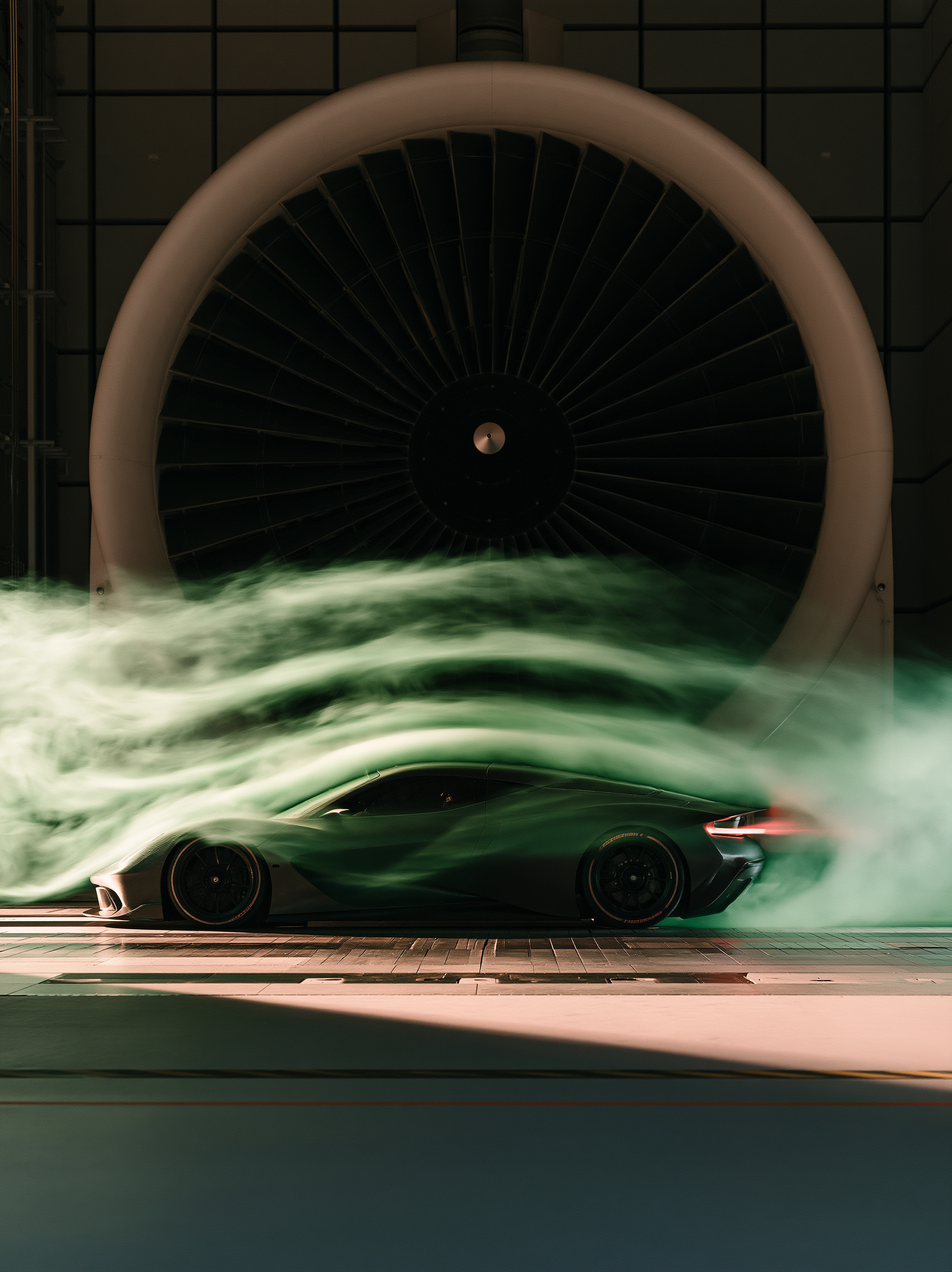 An industrial wind tunnel with a sleek prototype car subjected to glowing aerodynamic smoke trails under dramatic lighting. Midjourney v8.2 demo 
