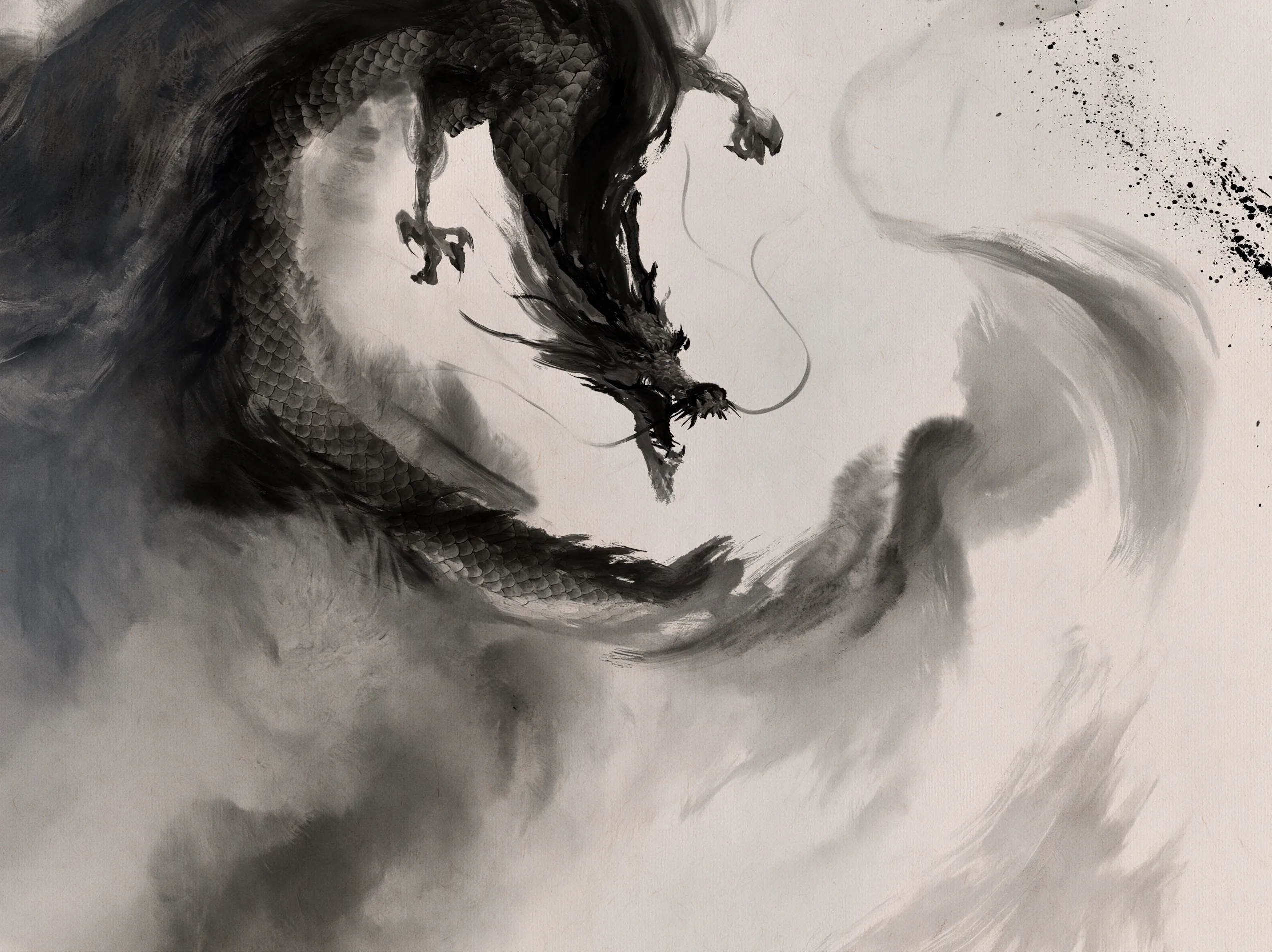 A soaring dragon rendered in ink wash styling, emerging from heavy black brushstrokes and soft charcoal-grey mist against raw textured paper.