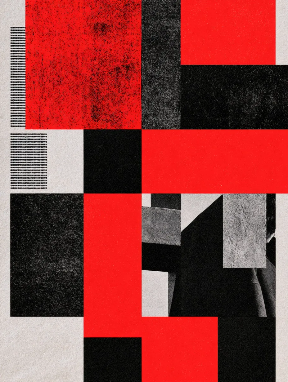 A typographic poster in International Typographic Style with red and black geometric blocks, a grid layout, and a black-and-white photo cutout.