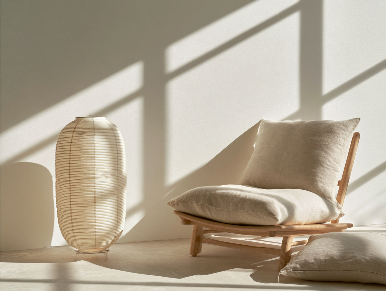 A quiet living room corner rendered in Japandi style with a pale oak armchair and a glowing paper lantern.