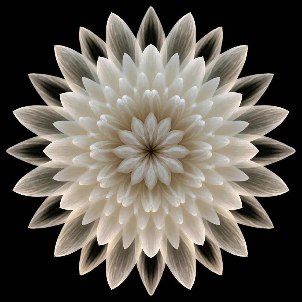 A white lotus flower repeated in a kaleidoscopic symmetry pattern, forming a circular mandala against a black background.