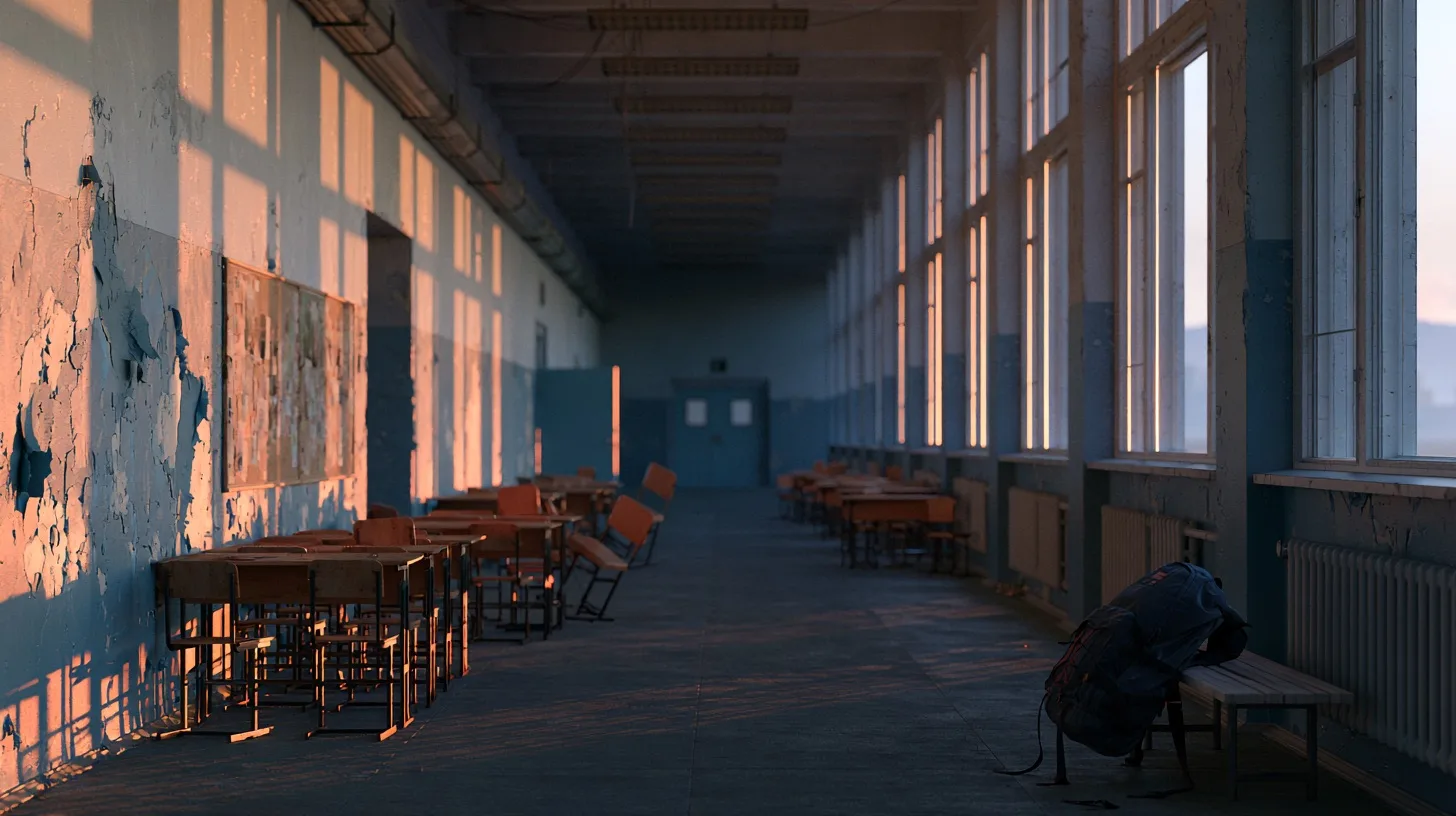 An empty school hallway at twilight, with scattered desks and pale light from tall windows, evokes a deep sense of kenopsia.