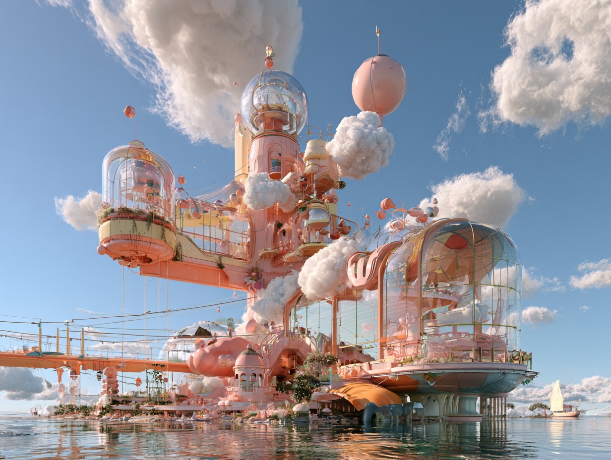 A whimsical pink structure with transparent domes and fluffy clouds floats on the water in a dreamlike kidcore aesthetic.