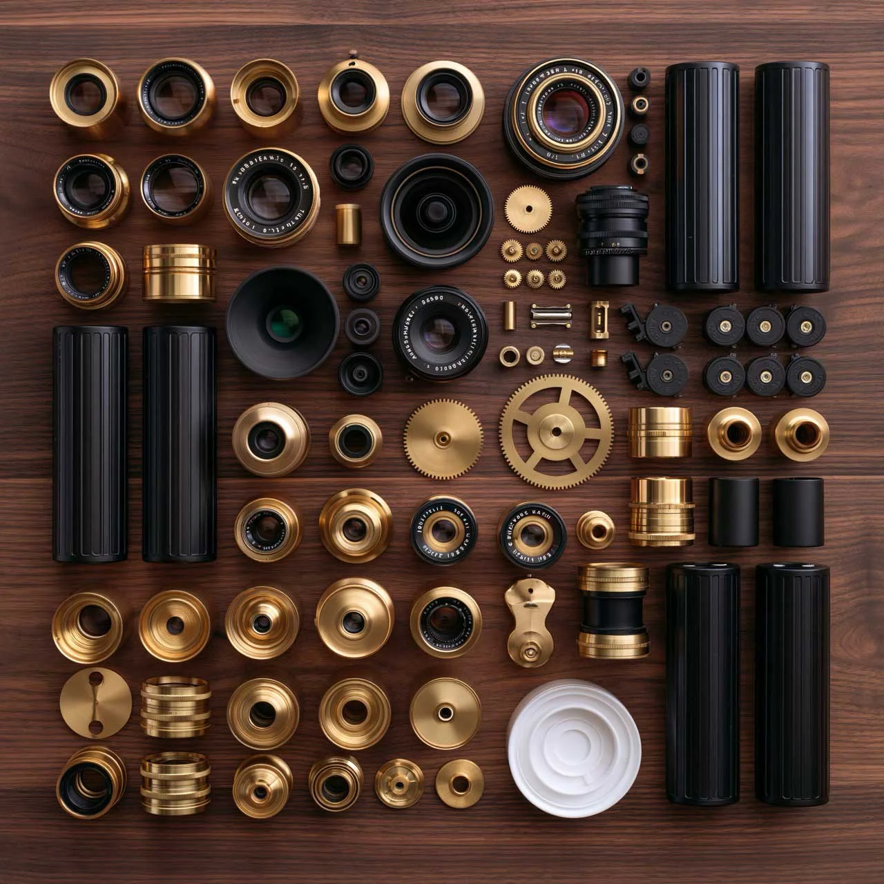 An organized knolling layout of vintage camera gear, lenses, and film canisters arranged neatly on a dark walnut table.