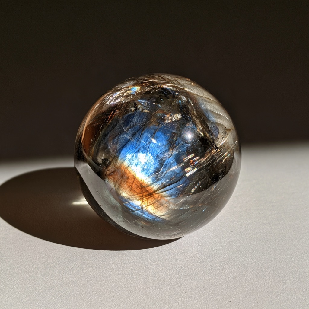 A smooth labradorite sphere gleaming with brilliant peacock-blue optical flashes against a deep charcoal background.
