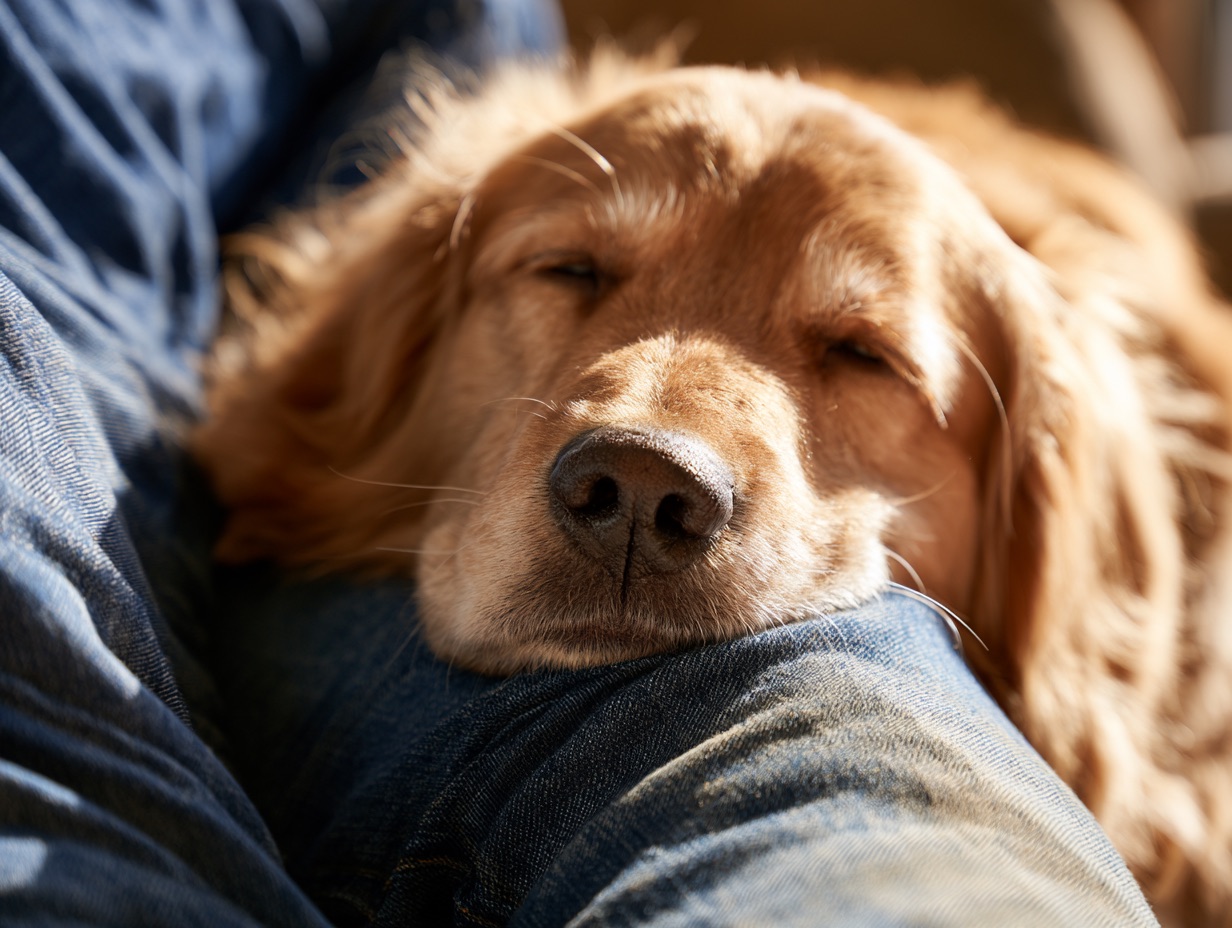A golden retriever performs a gentle lap nuzzle gesture against its owner's leg in warm afternoon light.