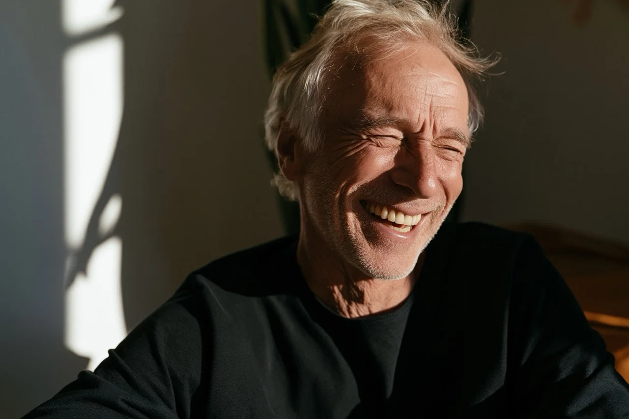 A close-up commercial headshot of a laughing older man displaying prominent laugh lines around his warm, crinkling eyes.