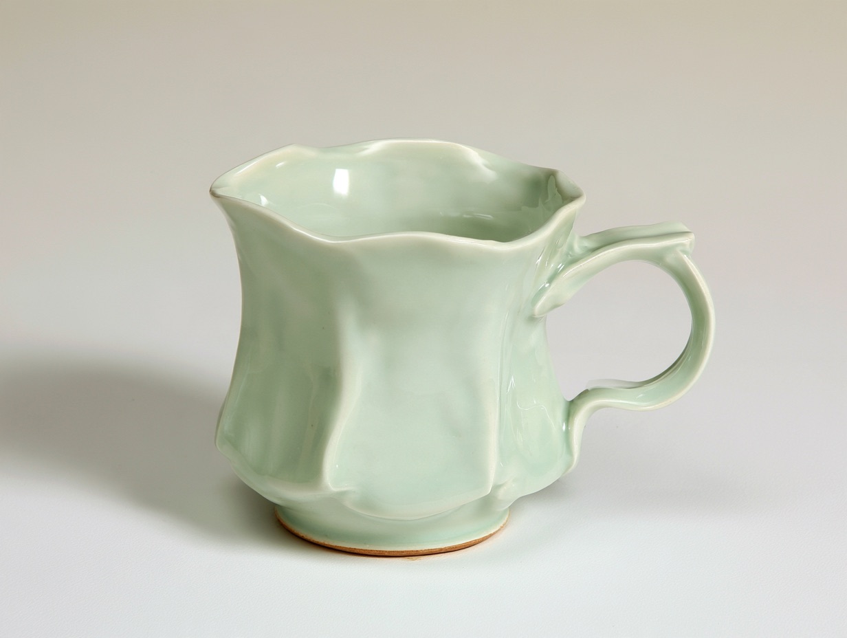 A plain lightgreen ceramic mug sitting centered on a flat neutral surface.