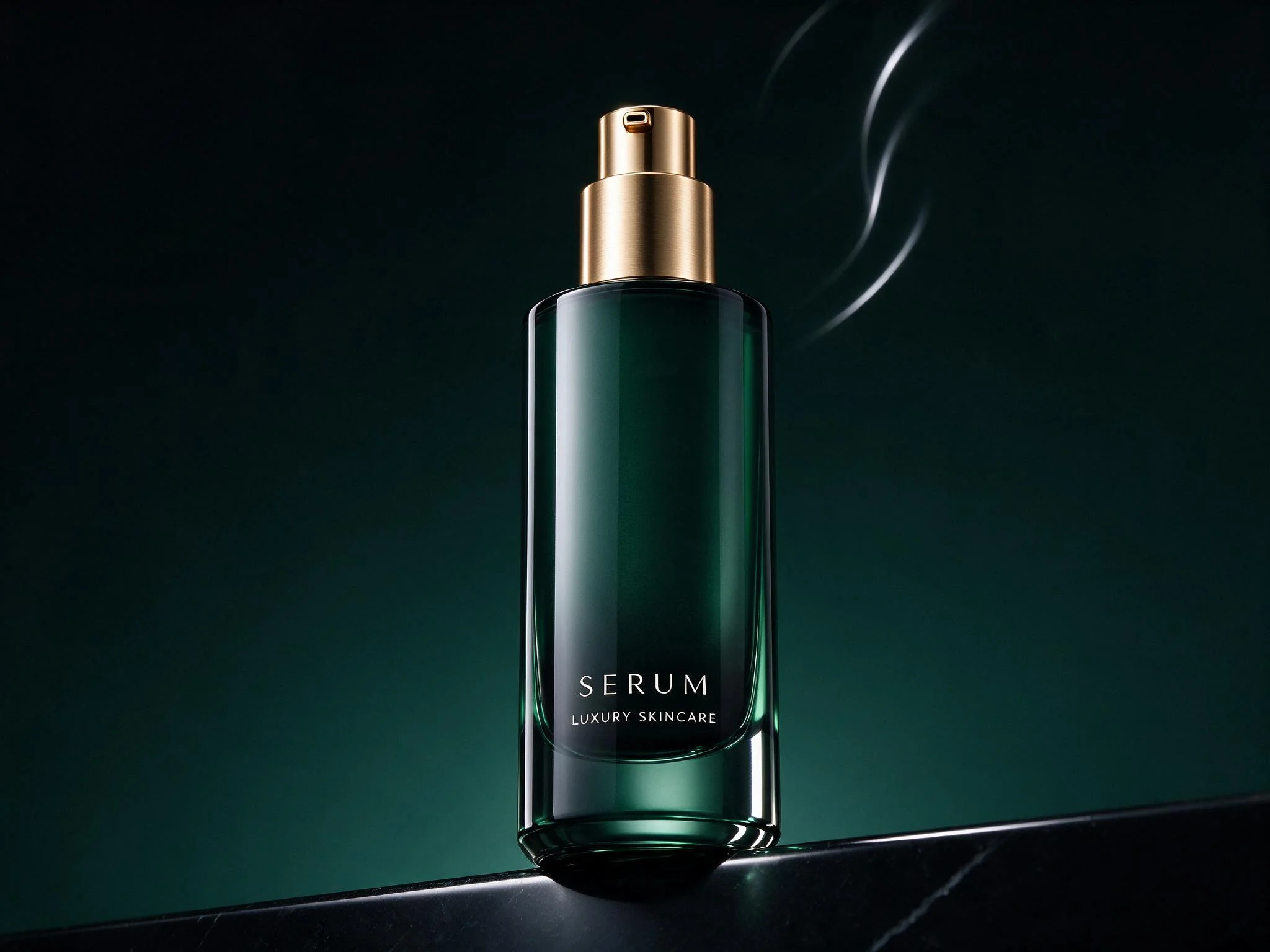 A low angle shot of a luxury serum bottle against a minimalist background with glossy highlights.