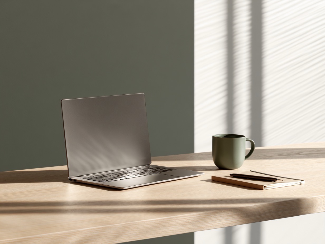 A quiet office workstation with a sleek laptop and ceramic mug rendered in a Low-chroma palette of muted tones.