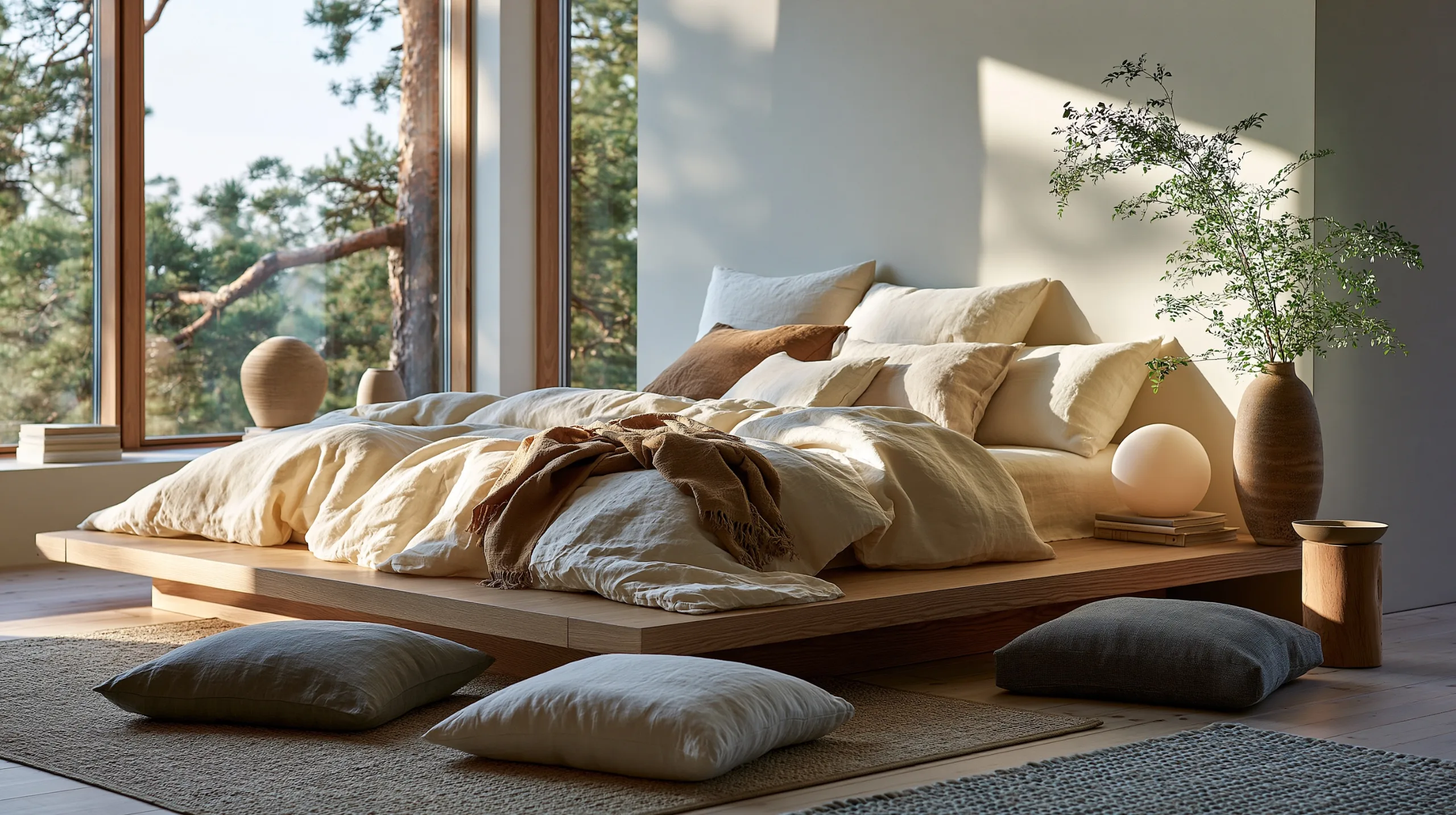 A cozy sleeping space features low-profile furniture with a bed frame close to the light wood floor, surrounded by clean minimalist decor.