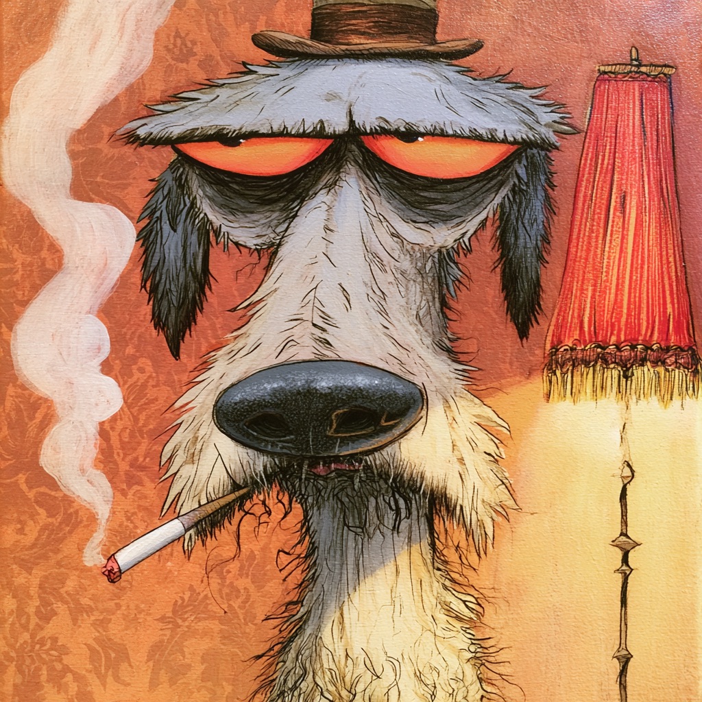 A weary, scruffy dog wearing a tiny top hat smokes a cigarette beside a vintage floor lamp in a lowbrow painting.