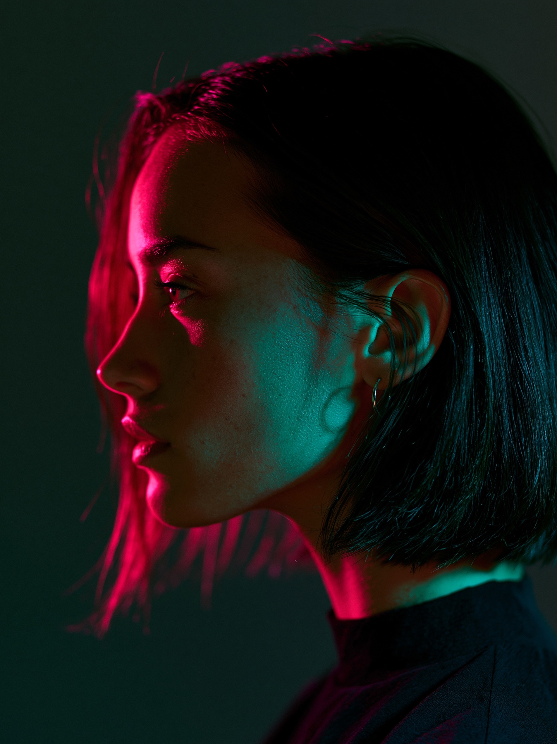 A portrait of a woman in profile lit with a striking magenta green split color scheme against a dark backdrop.