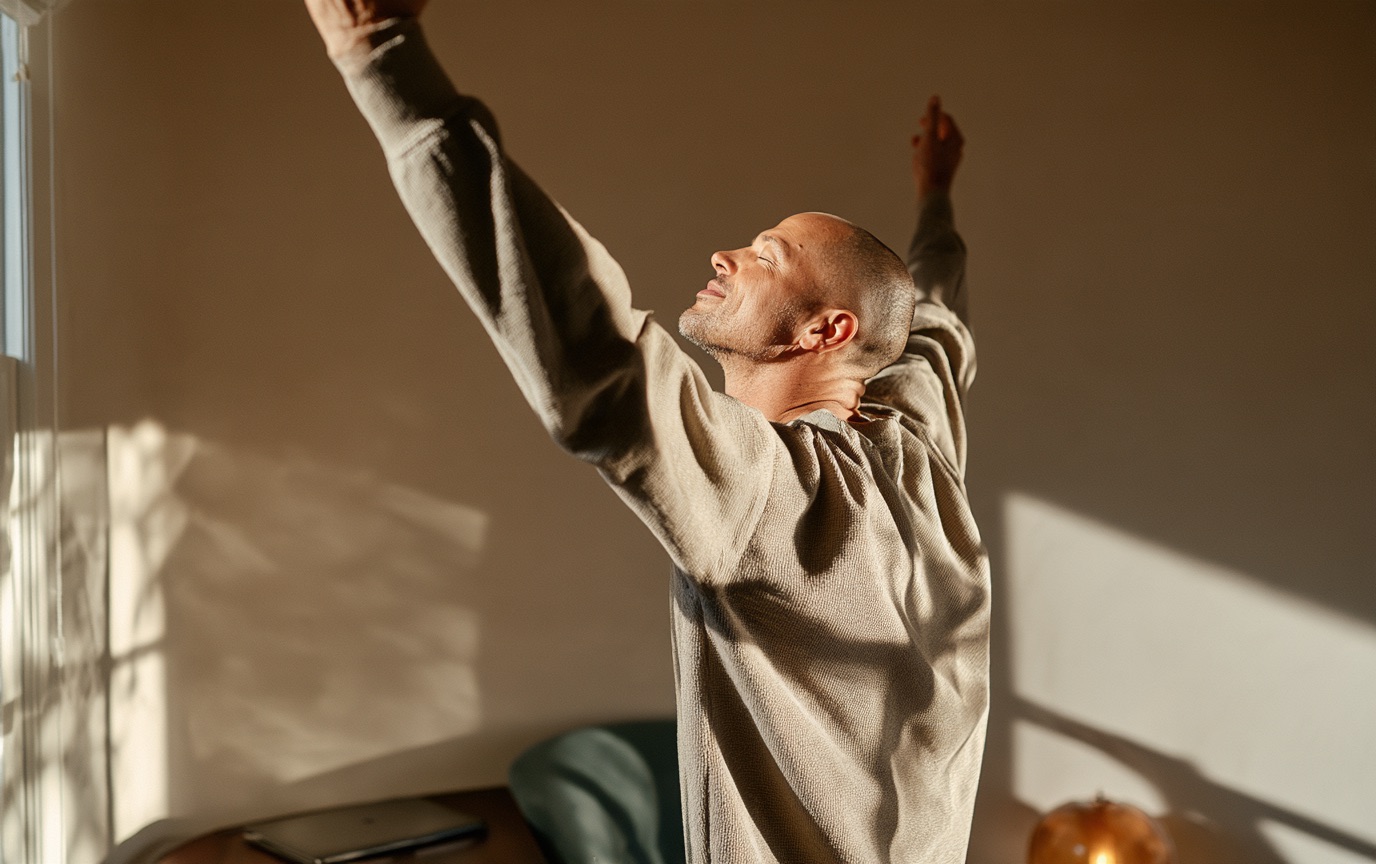 A man with a shaved head stretches his arms overhead beside a window in a small home office.
