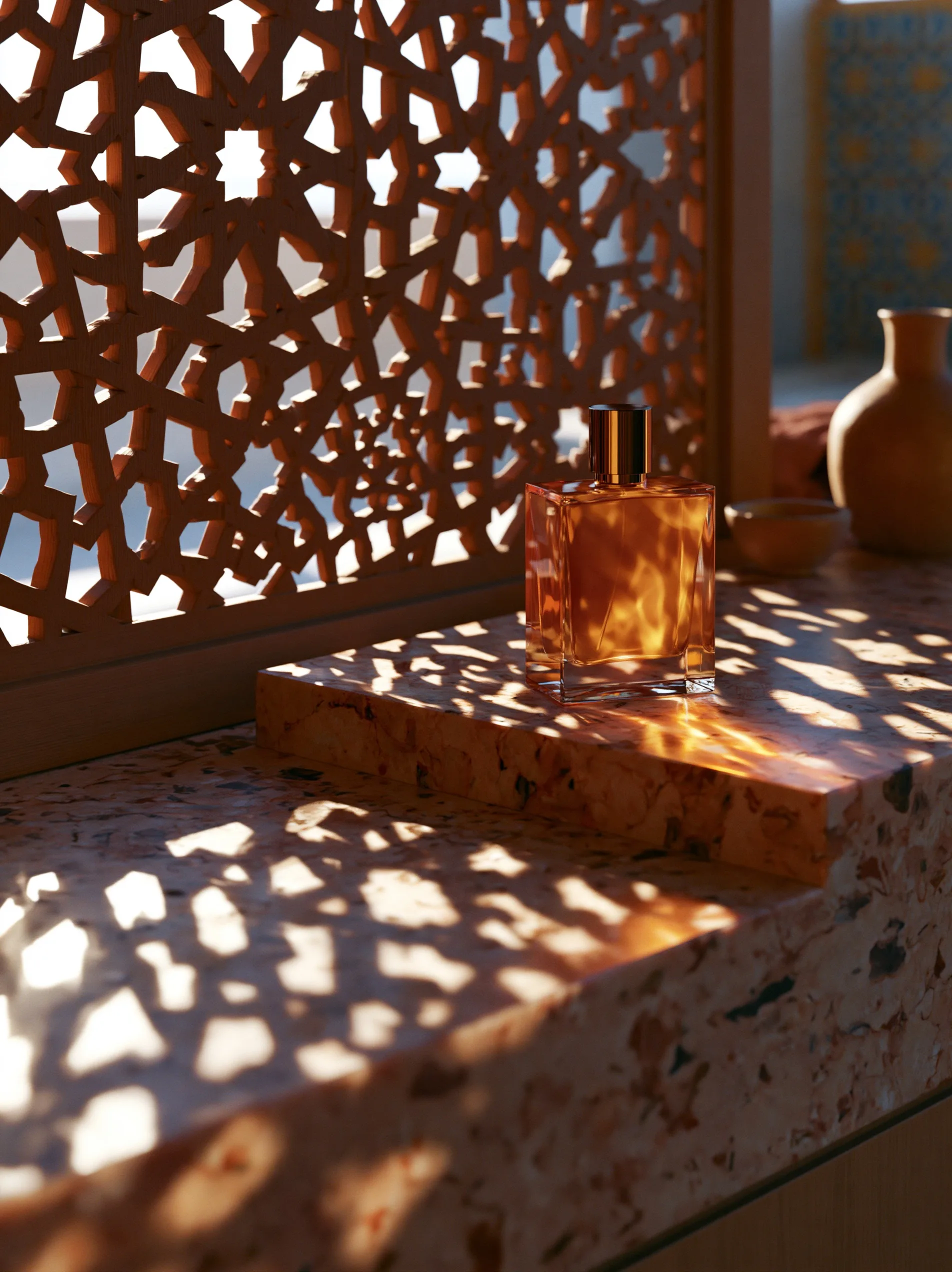 A luxury perfume bottle surrounded by a wood-carved mashrabiya screen casting dramatic shadows.