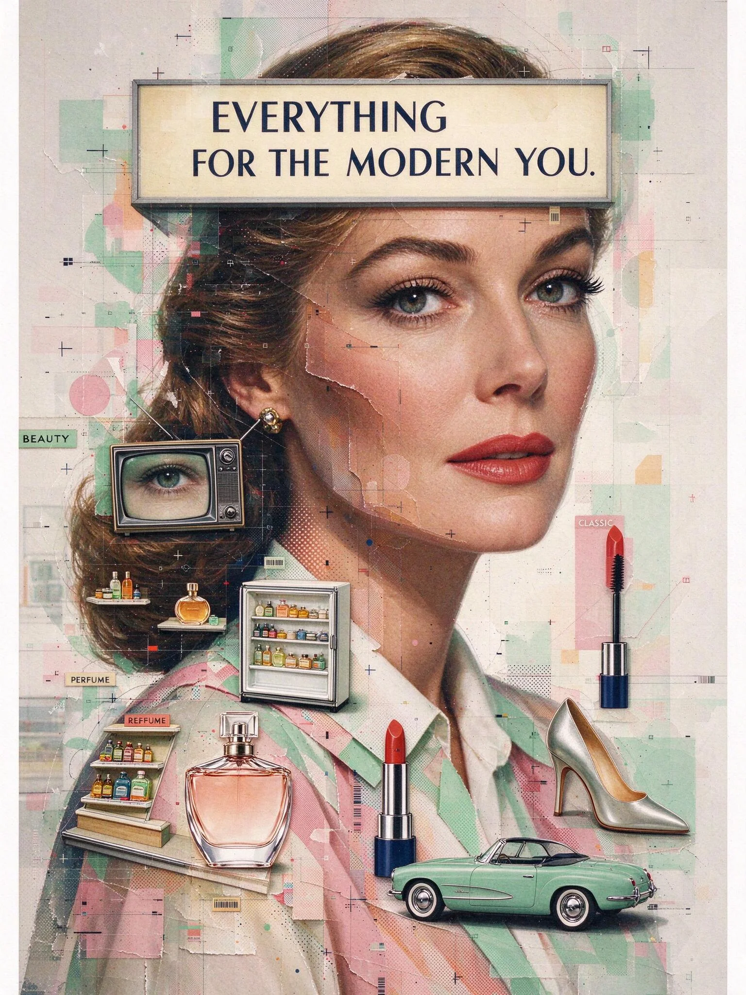 A woman's portrait in massurrealism, her face merged with fragments of vintage ads and glowing TV screens in a dreamlike collage.