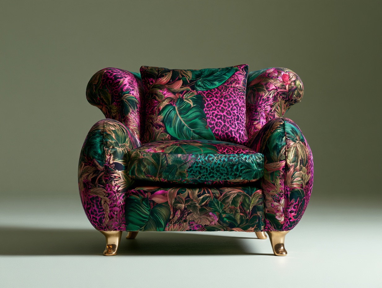 An upholstered armchair styled in vibrant maximalism with dense clashing botanical patterns and polished gold details.