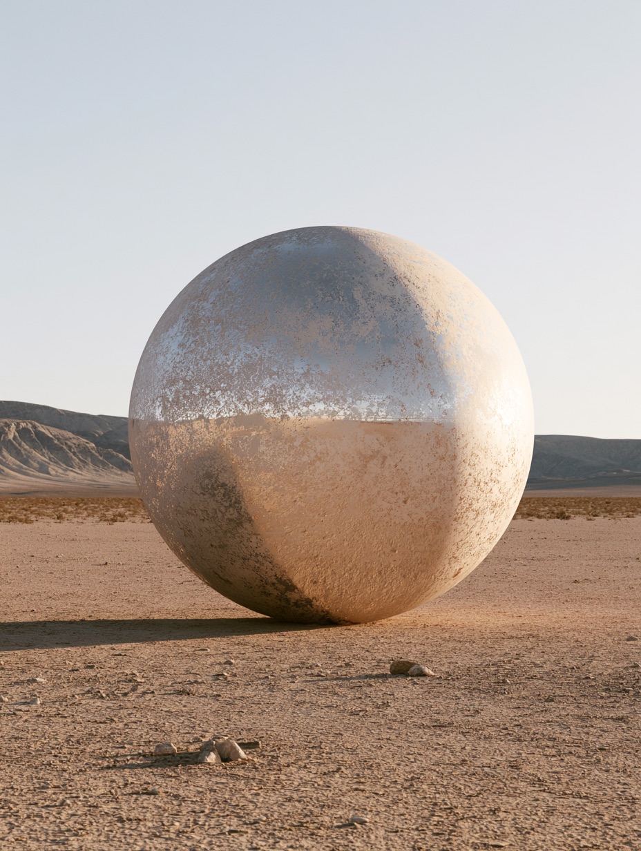 A minimalist sphere made of mercury glass stands in a vast desert, its mottled silver surface reflecting the sky.