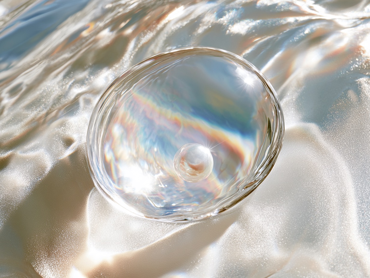 Macro photo of a clear skincare gel droplet containing a microencapsulated pearl with iridescent opalescent sheen.