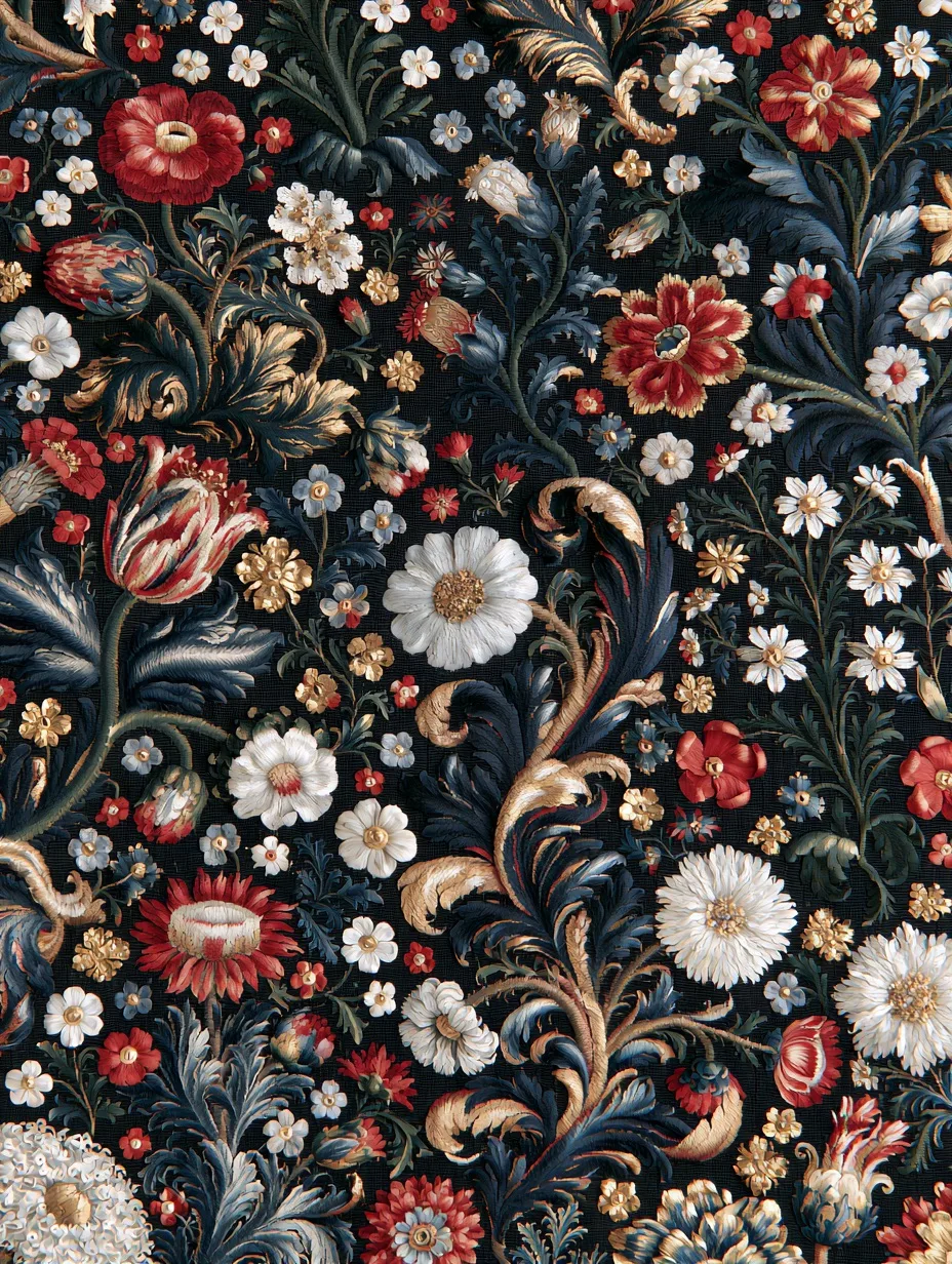 A woven tapestry showcasing a millefleurs palette: countless tiny floral motifs in red, blue, gold, and white scattered across a deep midnight blue field.