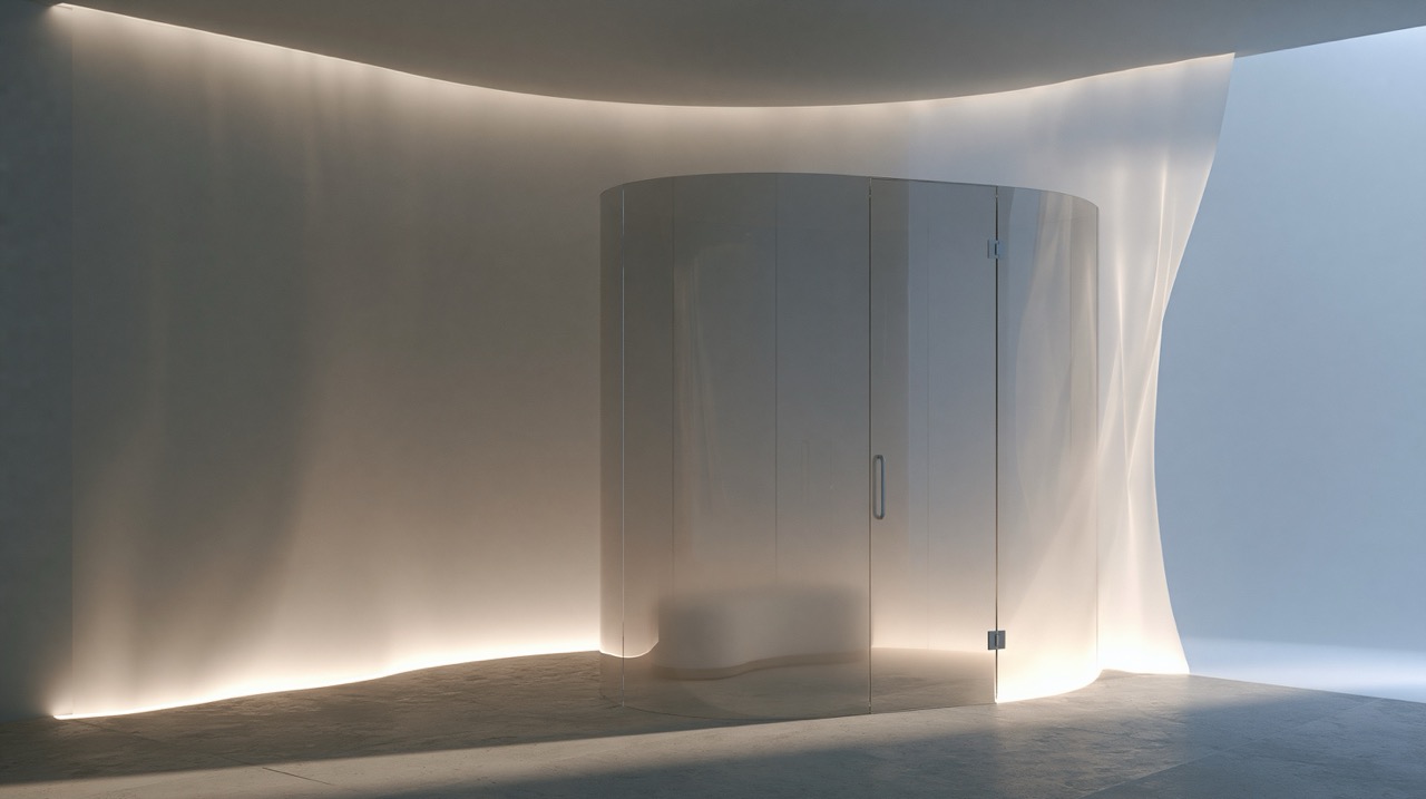 A sleek glass pod enveloped in soft atmospheric glow using mist-envelope lighting.