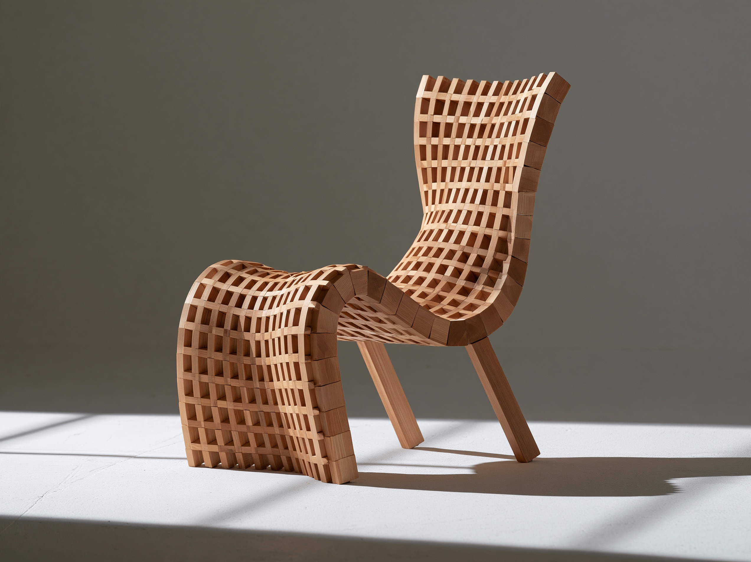 A wooden chair rebuilt as modular constructivism — square blocks and beams locked into a rigid grid.