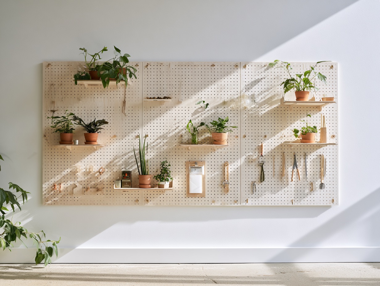 A modular pegboard wall made of pale birch wood neatly holding potted plants and stationery in bright daylight.