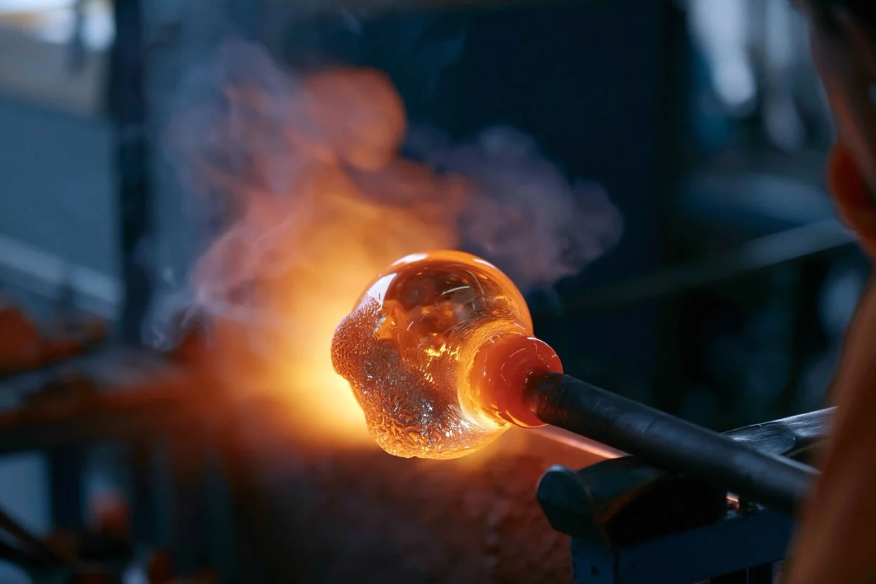 A glassblower shaping a glowing orb of molten glass, displaying a viscous, honey-like texture with brilliant fiery orange heat radiating from within.