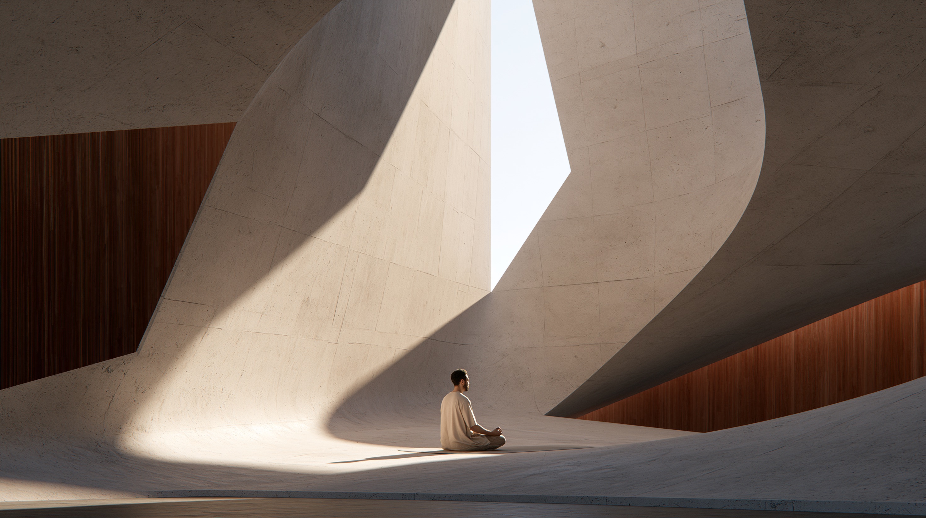 A minimalist concrete meditation pavilion showcasing monastic futurism with clean lines and soft, streaming sunlight.