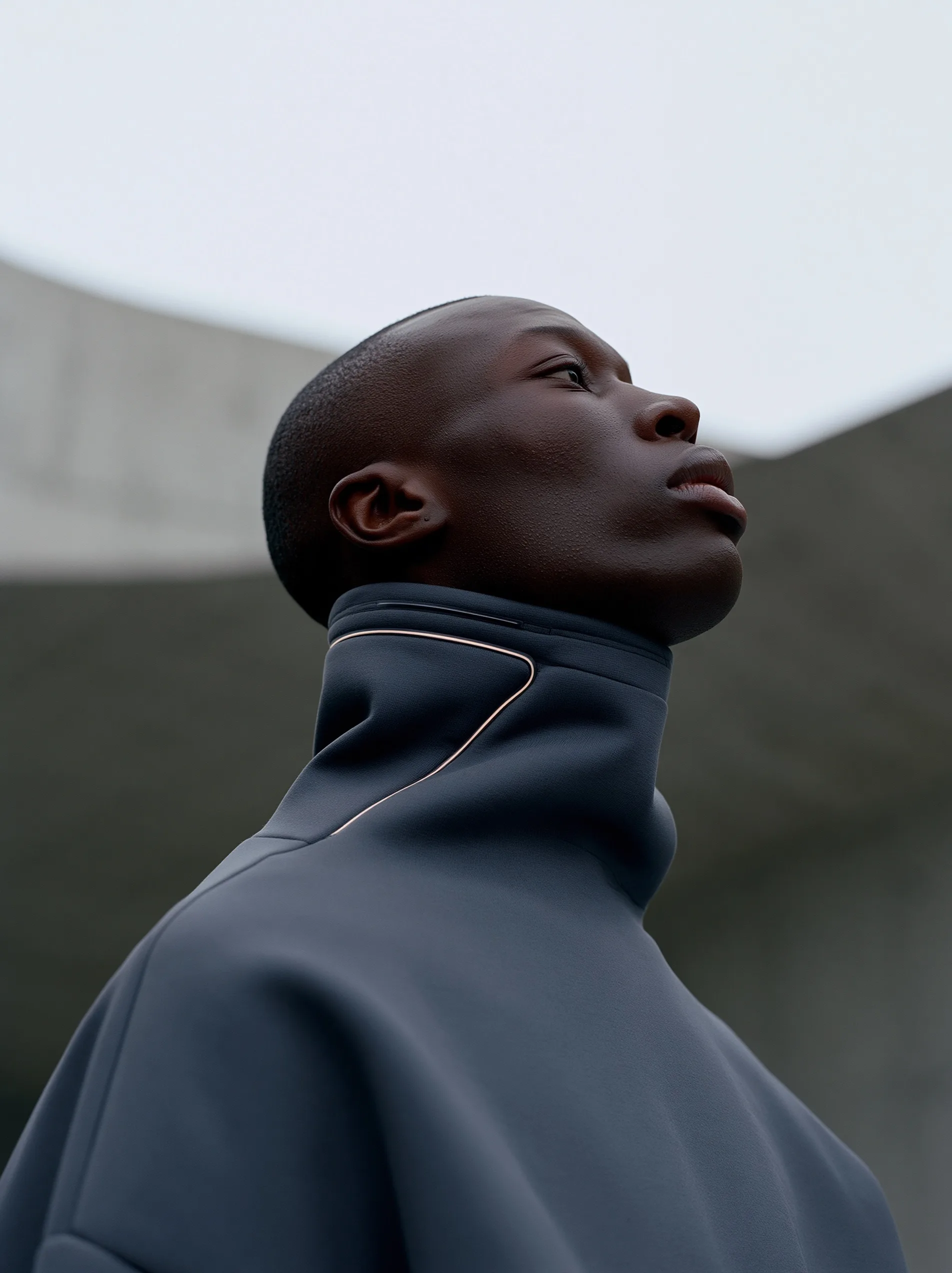 A person wearing monochromatic smart apparel with subtle, glowing fiber-optic seams, standing in a softly diffused, minimalist interior.