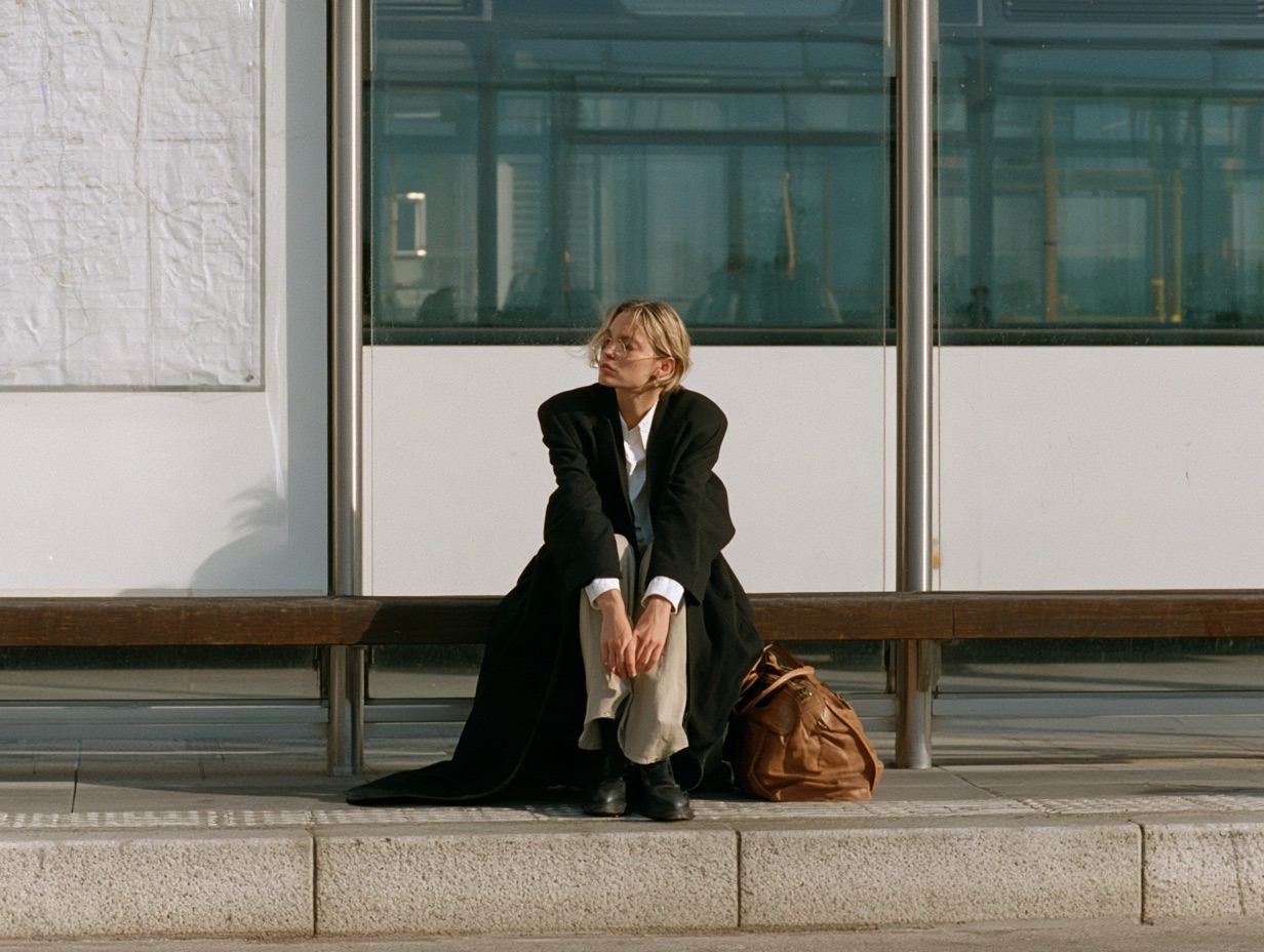A movie still showing a woman waiting at a bus stop, lit by the shelter's own light.