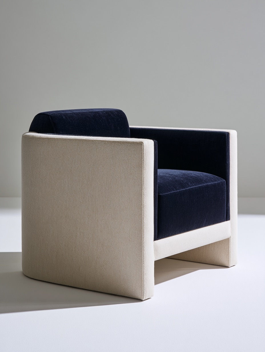 A modern minimalist armchair rendered in navy and cream against a clean, muted backdrop.