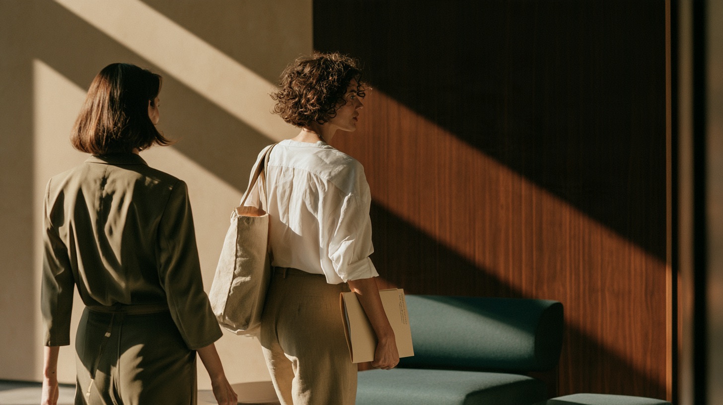 Two women seen from behind walking through a warm office, one carrying a tote bag and a welcome folder.