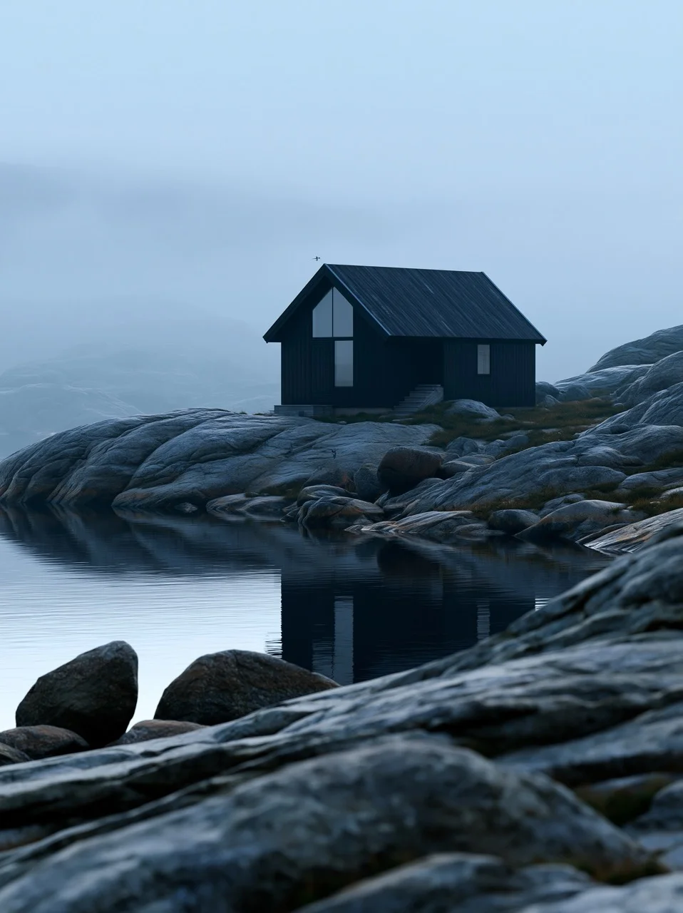 A solitary black timber cabin on a rocky shore surrounded by thick morning fog, captured in the atmospheric nordic noir aesthetic.