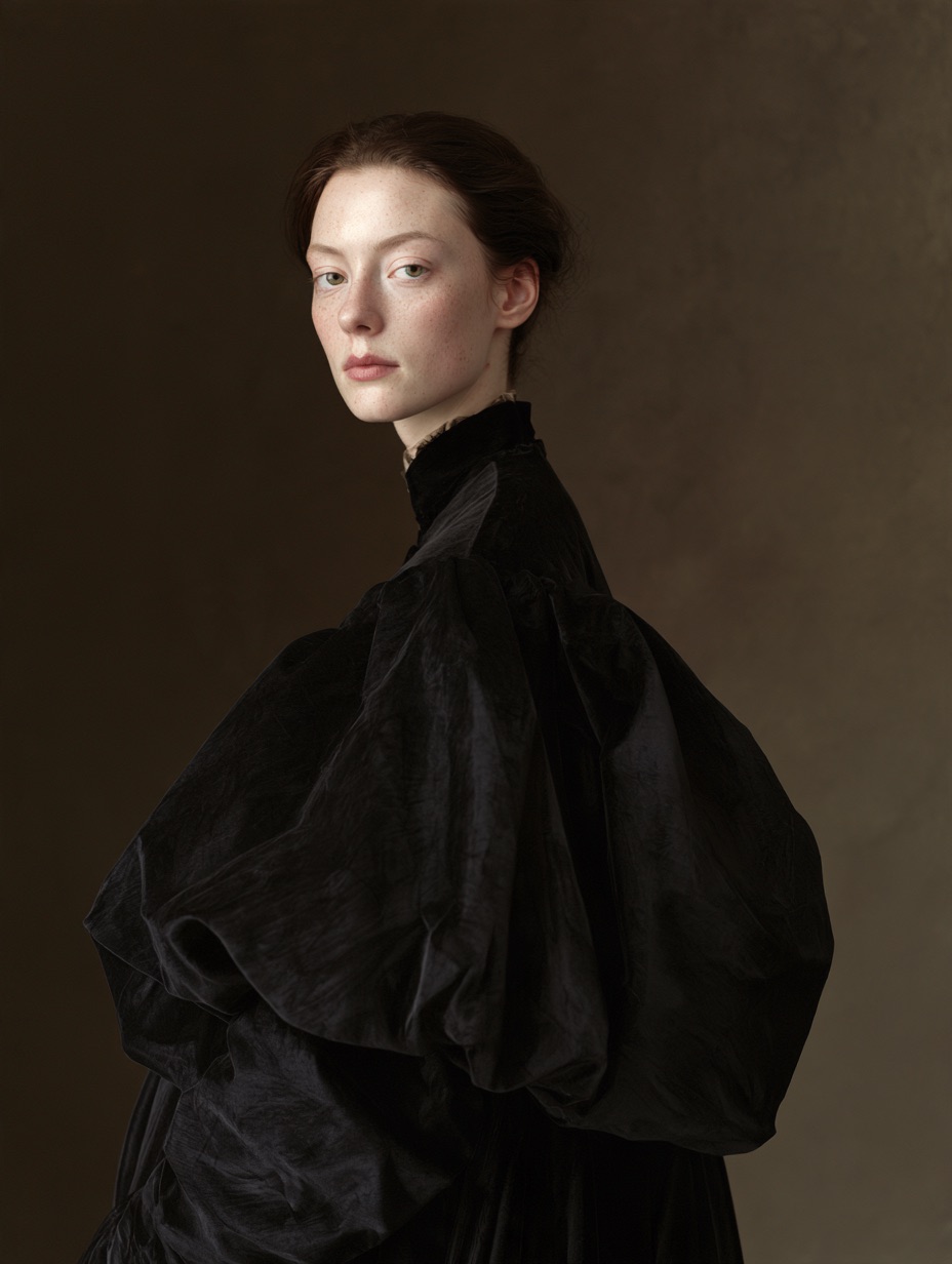 A portrait of a woman in dark velvet rendered in Northern Renaissance style with cool directional window light.