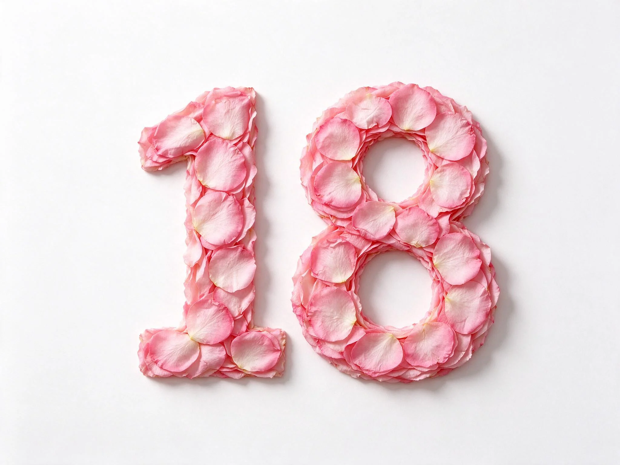 The numerals 18 as flat solid forms completely covered in tightly packed pressed pink rose petals, photographed from above on a white background.
