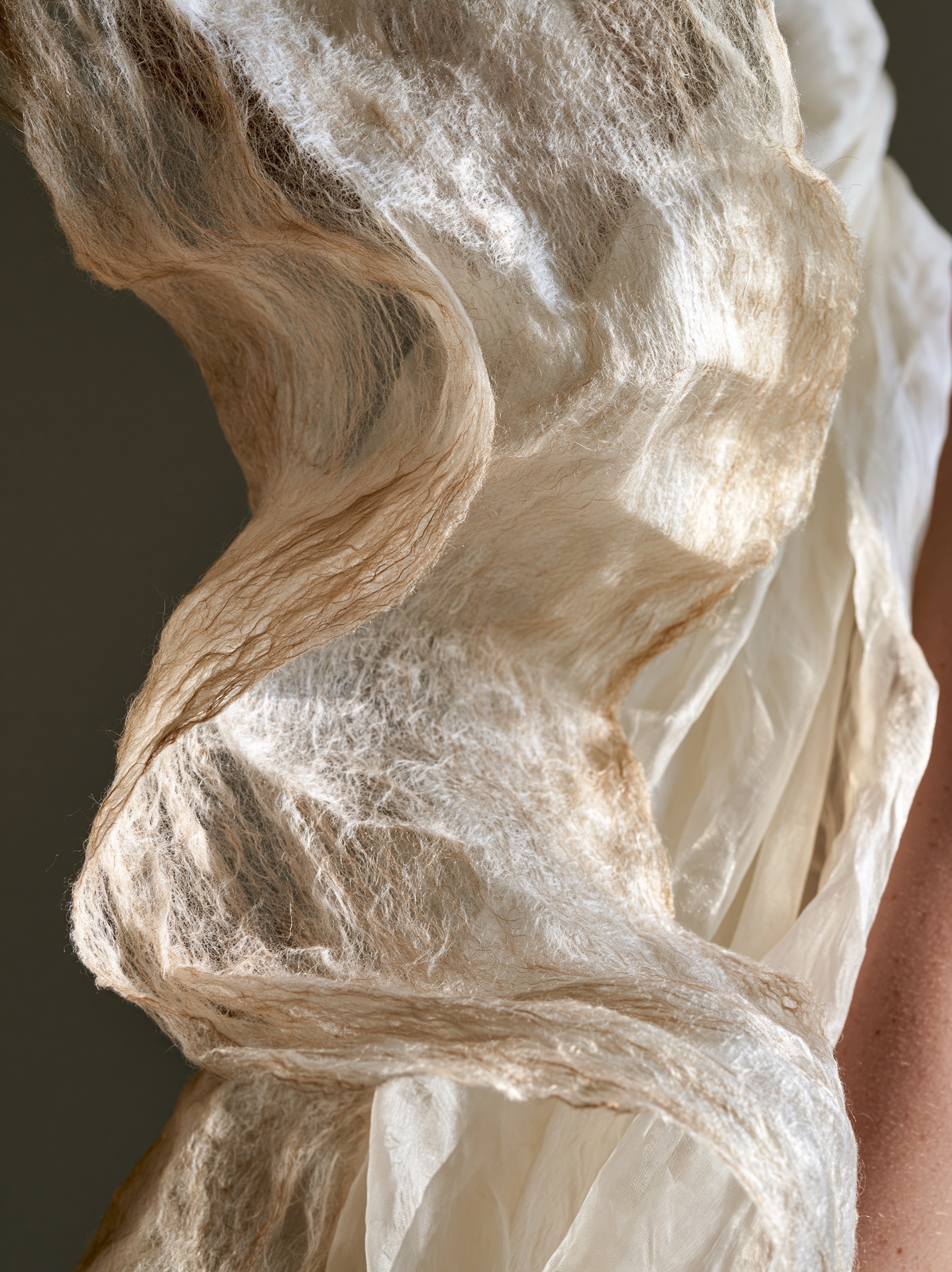 A draped scarf made of nuno felt, featuring puckered wool textures bonded to translucent sheer silk fabric.