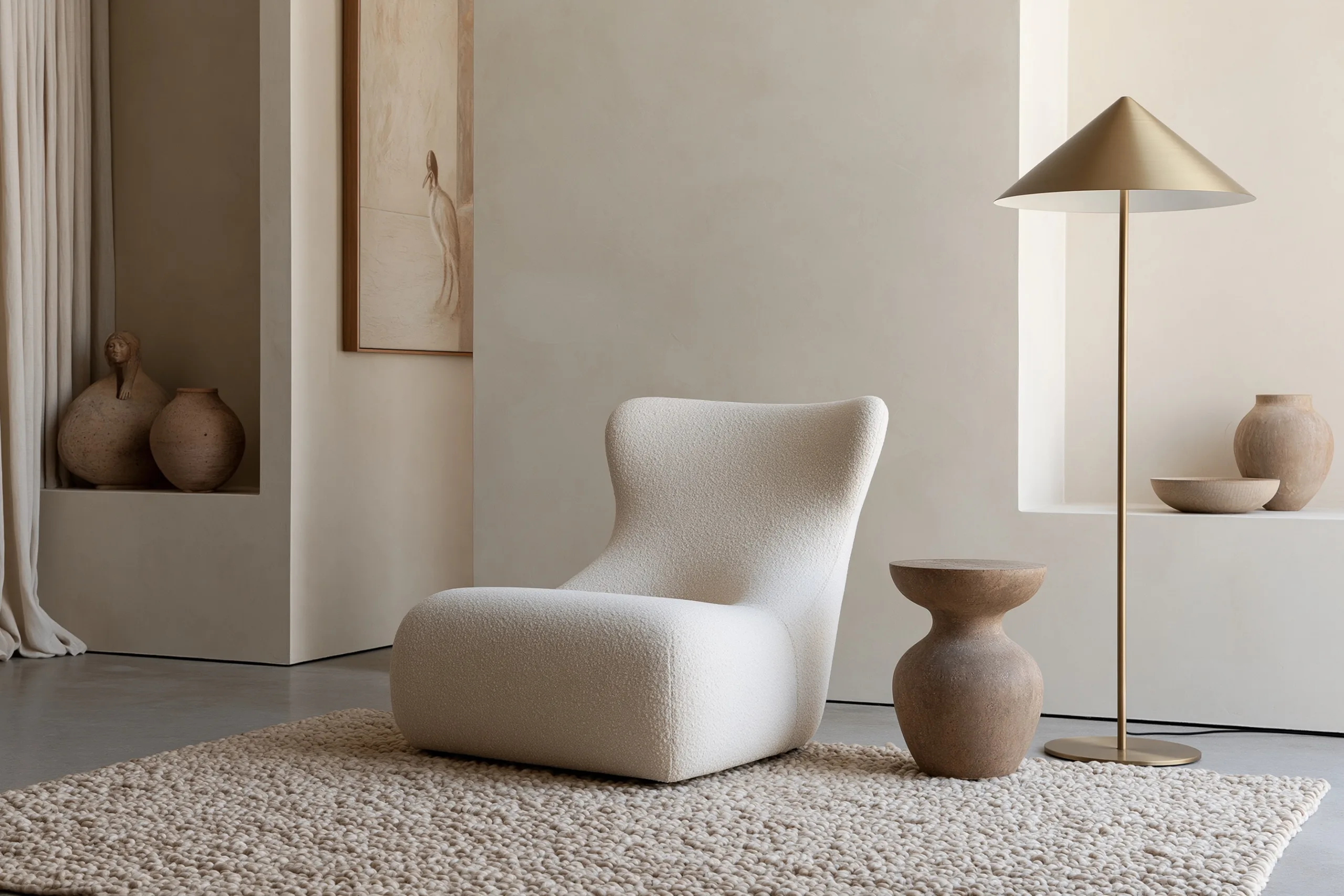 A cozy reading nook is styled in an oatmeal color palette with soft bouclé chairs, warm beige walls, and a thick woven wool rug.